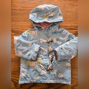 Baby Boden blue farm house print jacket / coat. Size 18-24. Sheep Bunnies.